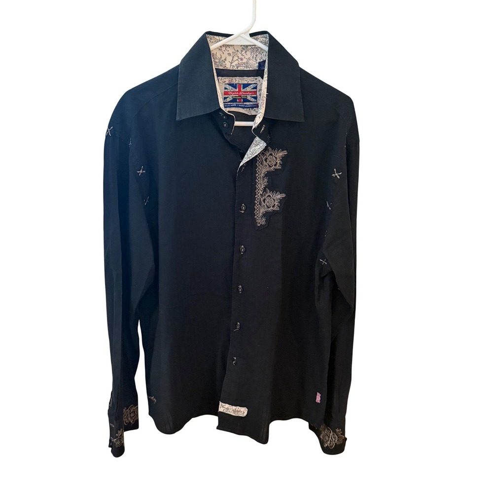 English Laundry Christopher Wicks Mens Black Embroidered Button Down Shirt L
